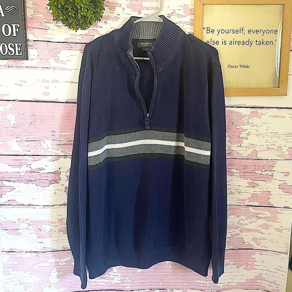 EDDIE BAUER Men’s Navy Long Sleeve Striped Quarter Zip Jacket size  XL
